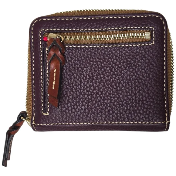 Dooney & Bourke Plum Pebbled Leather Zip Around Wallet Coin Purse Red Interior - Picture 2 of 5